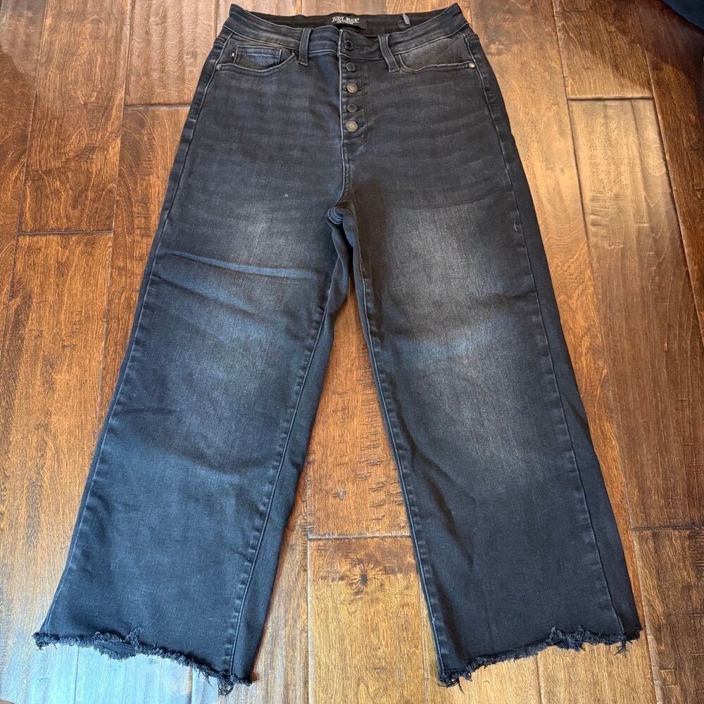 Judy Blue High Waist Button Fly Destroy Raw Hem Wide Leg Crop Jeans size 9/29